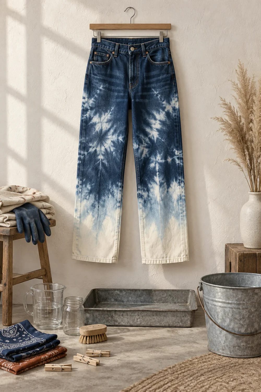 Reverse Tie Dye Jeans With Bleach Gradient Blue jeans with white bleach tie-dye patterns and a gradual lightening toward the hems hang from a wooden hanger above a metal tray and dyeing supplies, illustrating reverse tie dye jeans with bleach