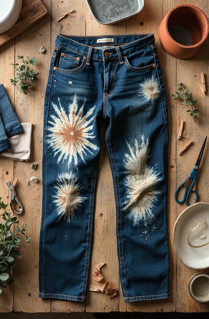 Reverse Tie Dye Jeans With Bleach Over Stains Blue jeans on a wooden worktable feature deliberate cream and tan bleach burst patterns concentrated across visible stained areas on both legs, with craft tools and containers nearby.
