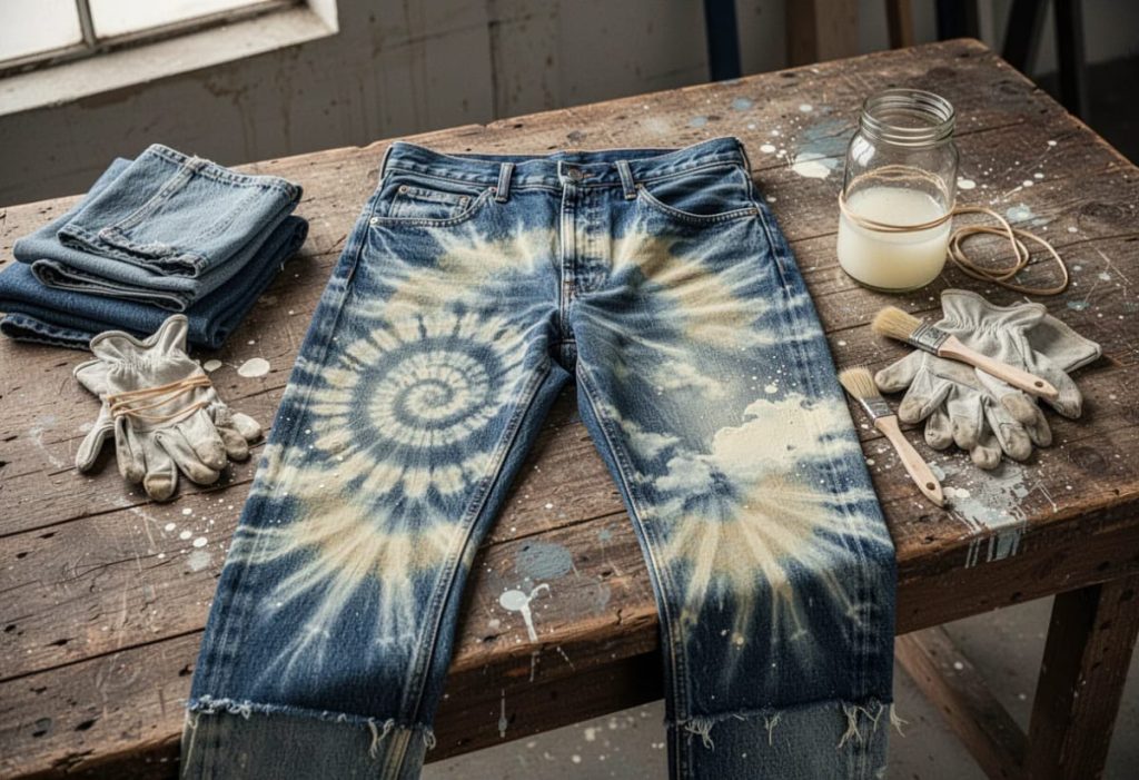 Blue jeans with deliberate spiral and sunburst bleach patterns lie on a paint-splattered wooden workbench, beside folded denim, gloves, brushes, rubber bands, and a jar for a reverse tie dye jeans with bleach project