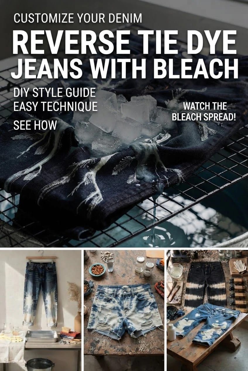 Reverse Tie Dye Jeans With Bleach Patterns Collage showing dark denim jeans and shorts with light bleach patterns, ice cubes on fabric over a drying rack, and DIY bleaching setups for reverse tie dye jeans with bleach
