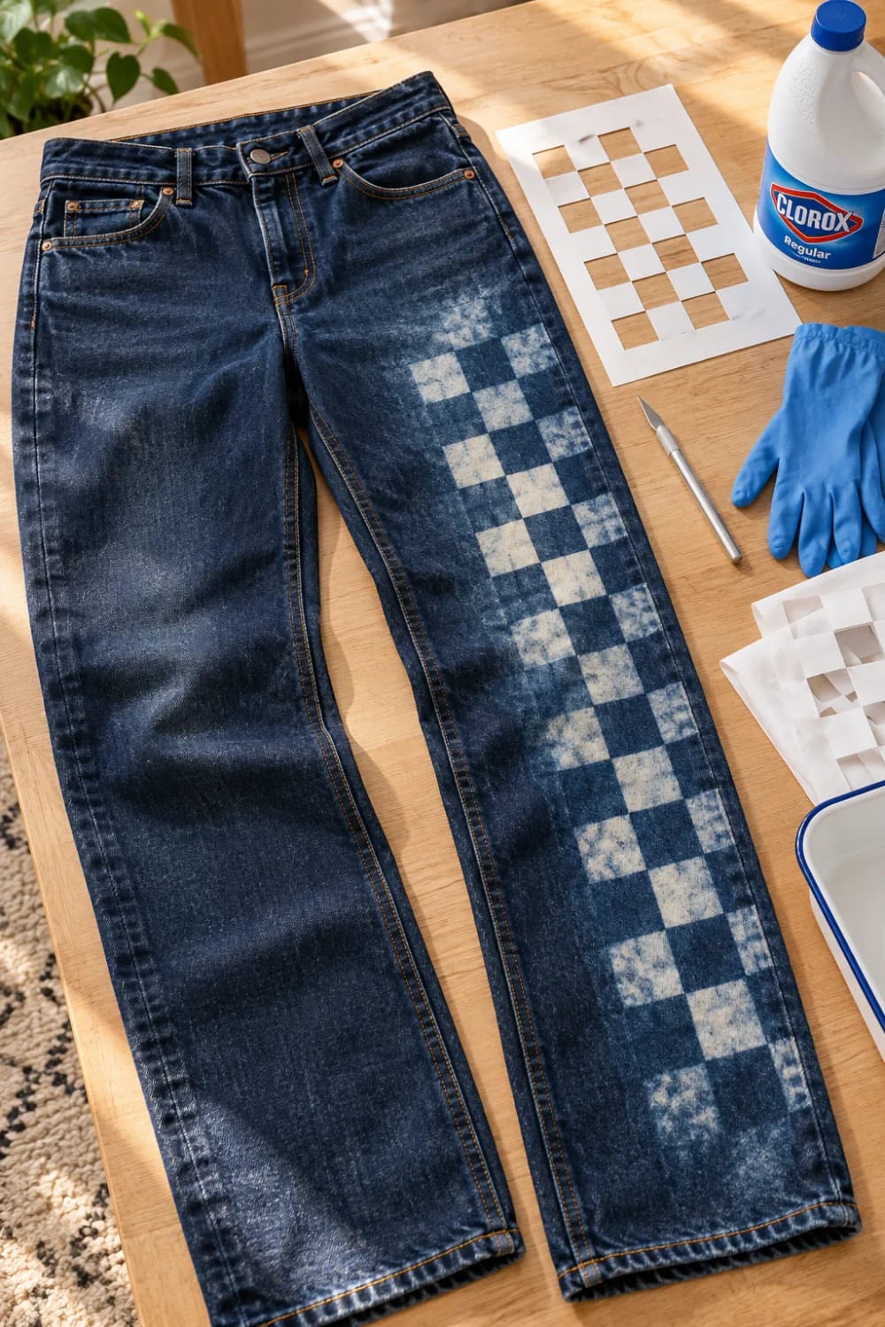 Reverse Tie Dye Jeans With Bleach Stencil Pattern Dark blue jeans with a bleached checkerboard pattern on one leg, alongside a checkerboard stencil, bleach bottle, blue gloves, and craft knife on a wooden table for reverse tie dye jeans