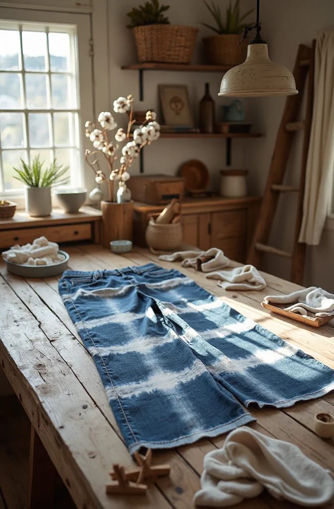 Reverse Tie Dye Jeans With Bleach Stripes Blue jeans laid flat on a rustic wooden table feature broad, irregular white bleach stripes and folded fabric sections, illustrating deliberate reverse tie dye jeans patterns.