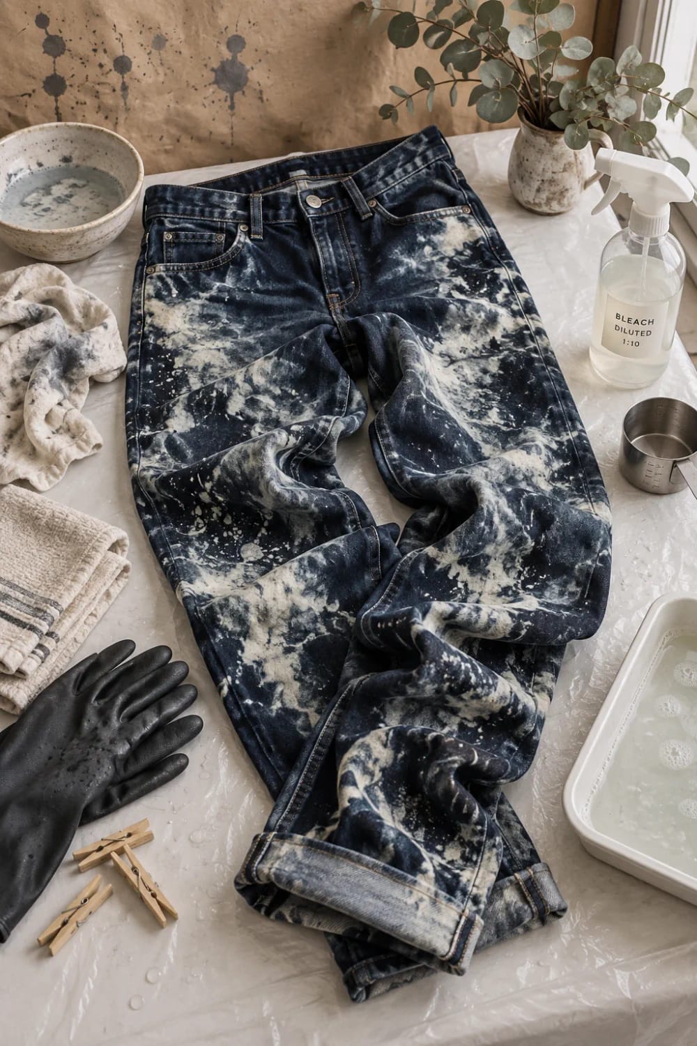 Reverse Tie Dye Jeans With Bleach Dark jeans with deliberate white marble patterns lie on a covered work surface beside a bleach dilution spray bottle, gloves, bowl, measuring cup, clothespins, and rinse tray for reverse tie dye jeans with bleach