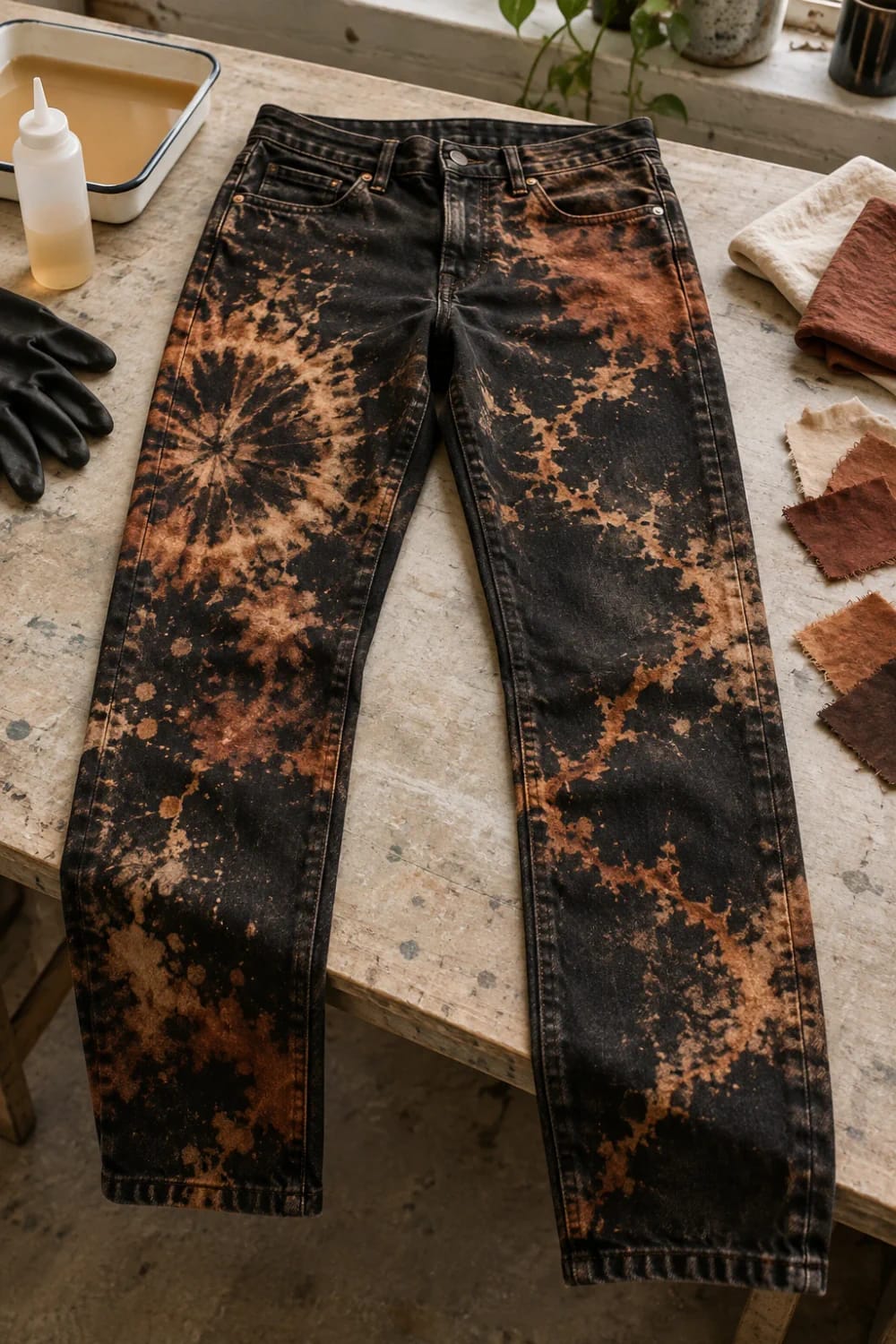 Reverse Tie Dye Jeans With Bronze Bleach Patterns Black jeans spread on a worktable with irregular bronze and rust-colored bleach patterns across both legs, beside gloves, a squeeze bottle, tray, folded cloths, and fabric swatches for reverse tie dyeing