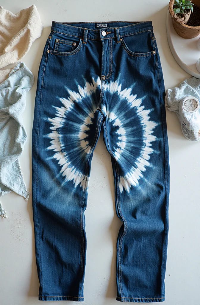Reverse Tie Dye Jeans With Centered Thigh Spiral Dark blue jeans laid flat with a large white and light-blue reverse tie-dye spiral centered across the upper thighs, above the knees