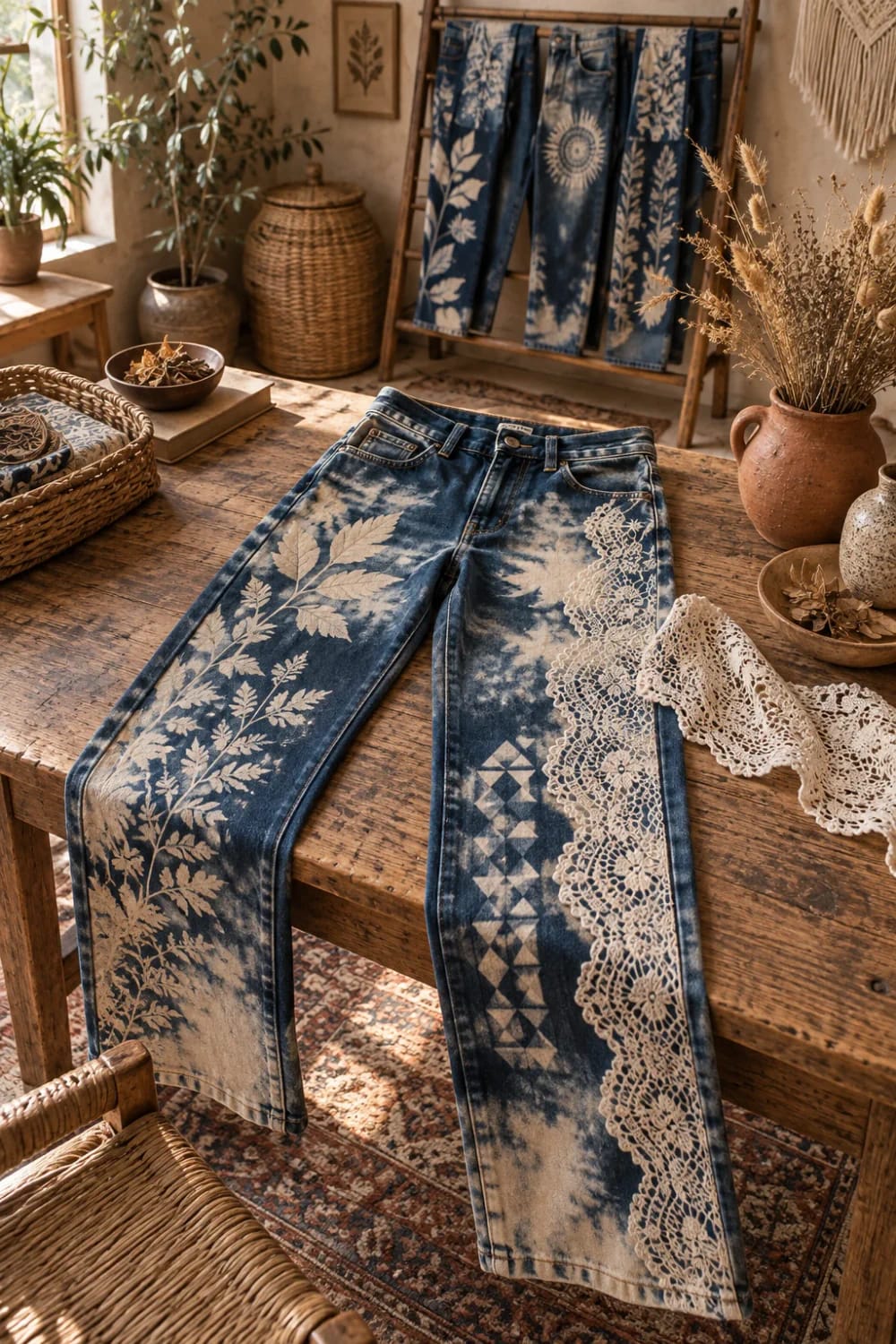Reverse Tie Dye Jeans With Lace And Leaf Patterns Two pairs of dark denim jeans display deliberate reverse tie-dye designs, including pale leaf prints, lace motifs, geometric shapes, and a circular sunburst pattern, arranged on a wooden ladder and table.