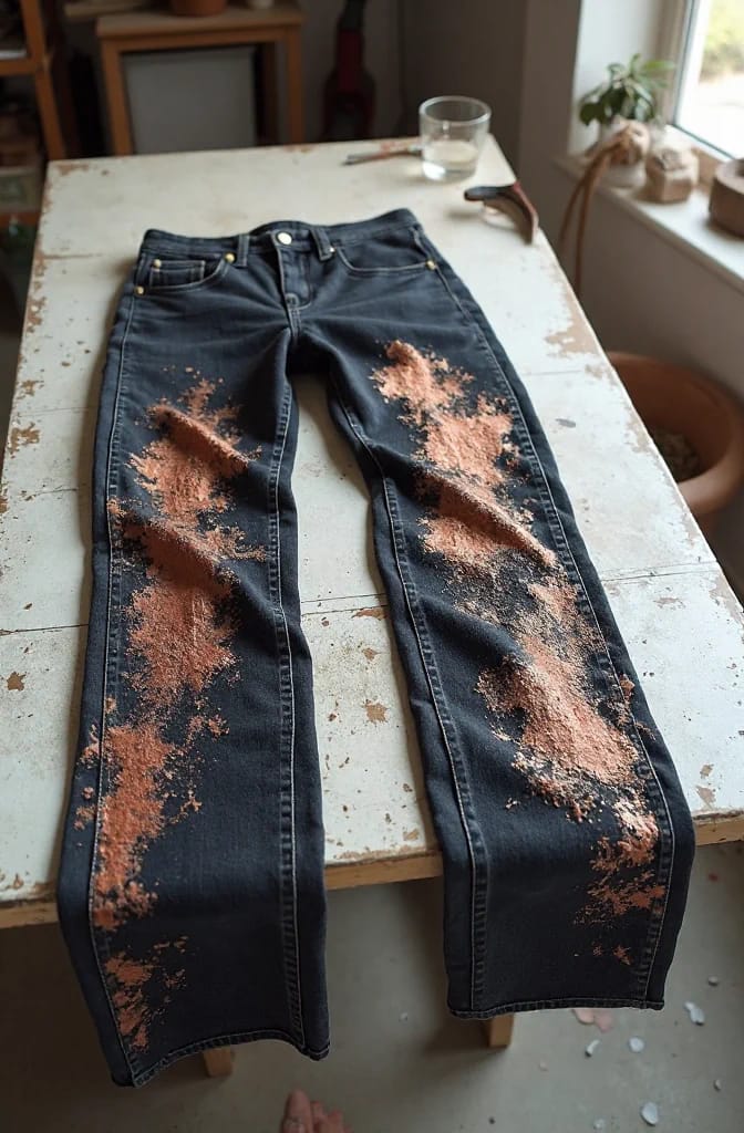 Reverse Tie Dye Jeans With Rust Patterns Black jeans laid on a distressed white table, featuring irregular bronze-rust patterns across both legs for a reverse tie dye jeans design.