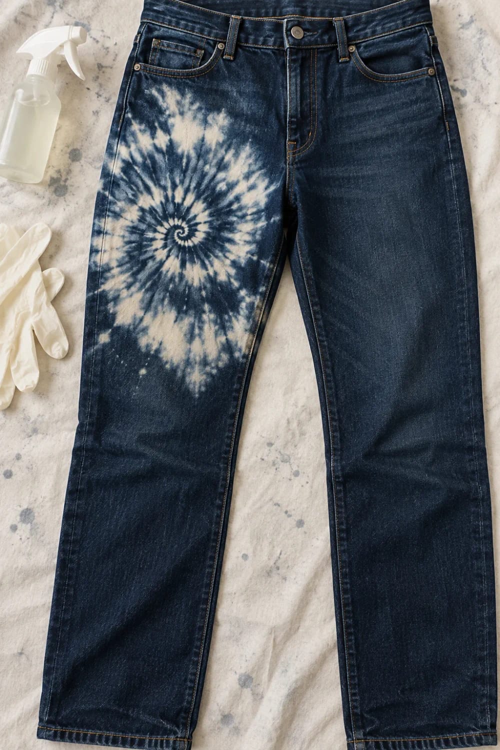 Reverse Tie Dye Jeans With Thigh Spiral Dark blue jeans laid flat with a white bleach spiral centered on the upper left thigh, alongside a spray bottle and protective gloves for reverse tie dye jeans