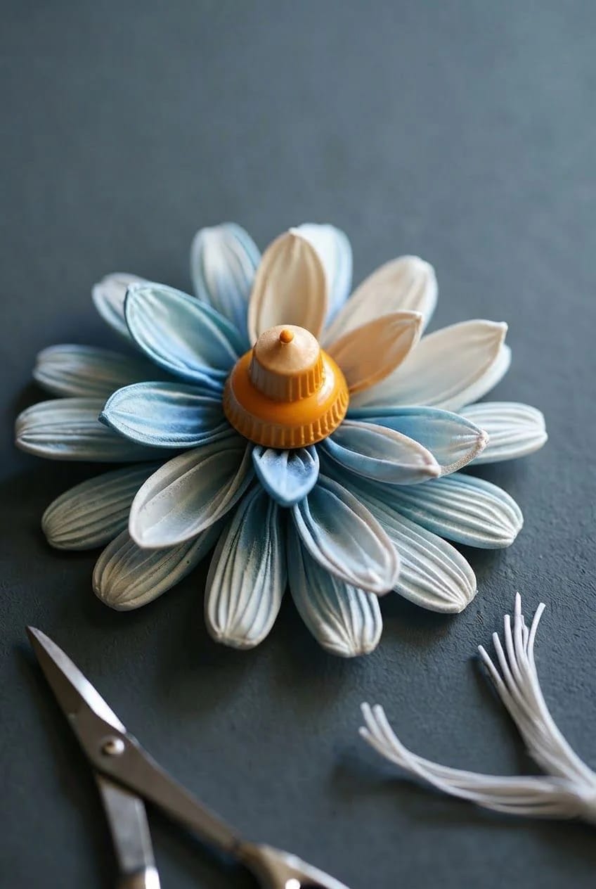 Shaping Plastic Bottle Flower Chandelier Blooms Close-up of a layered flower made from translucent blue and white plastic petals around an orange bottle-cap center, with scissors and trimmed plastic pieces on a dark surface, illustrating shaping blooms for a plastic bottle flower chandelier