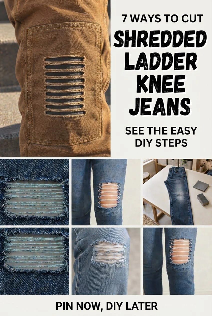 Collage showing shredded ladder knee jeans, close-ups of horizontal cuts and frayed openings, and blue jeans laid on a table with cutting tools for DIY customization