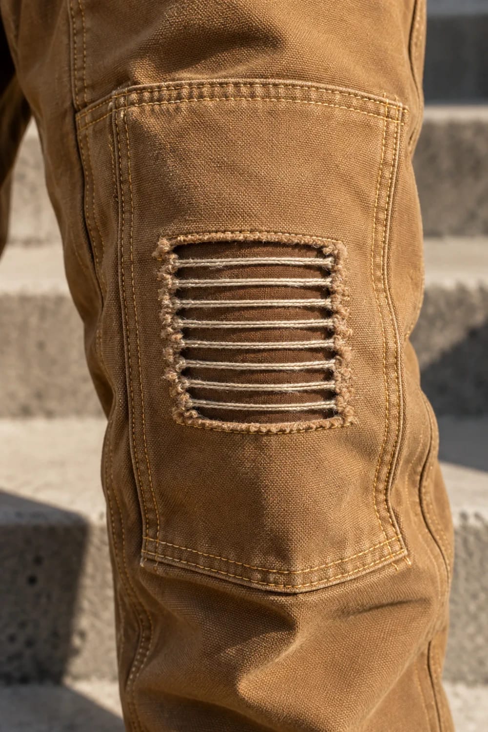 Close-up of a brown double-knee work pant with the outer knee layer cut into horizontal ladder slits, leaving the inner layer visible beneath