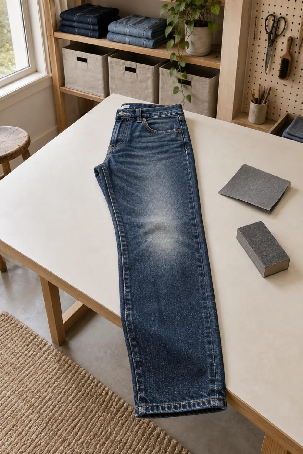 A pair of blue jeans lies on a worktable beside sanding blocks, illustrating how to sand the knee before cutting shredded ladder knee jeans.