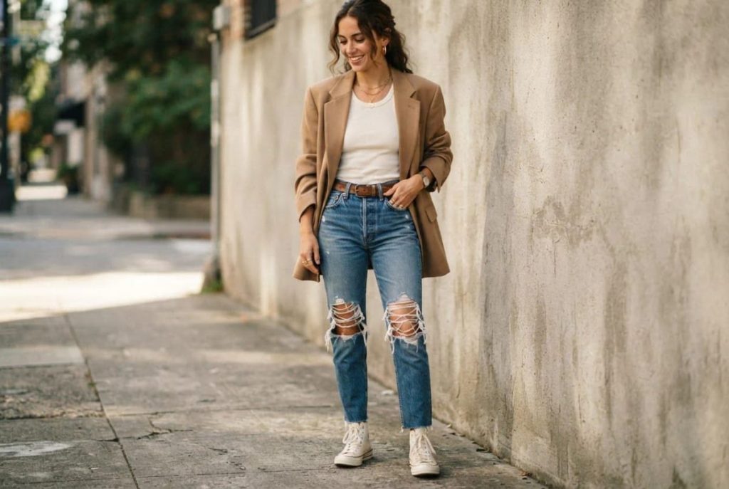 Sustainability Success 9 Woman wearing shredded ladder knee jeans, a tan blazer, white shirt, and white sneakers while standing beside a wall on a sidewalk