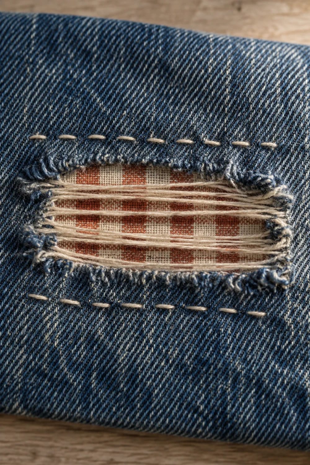 Close-up of blue denim jeans with a rectangular shredded ladder opening, exposed white and rust-colored fabric underneath, and horizontal stitches above and below to stop the ladder from growing