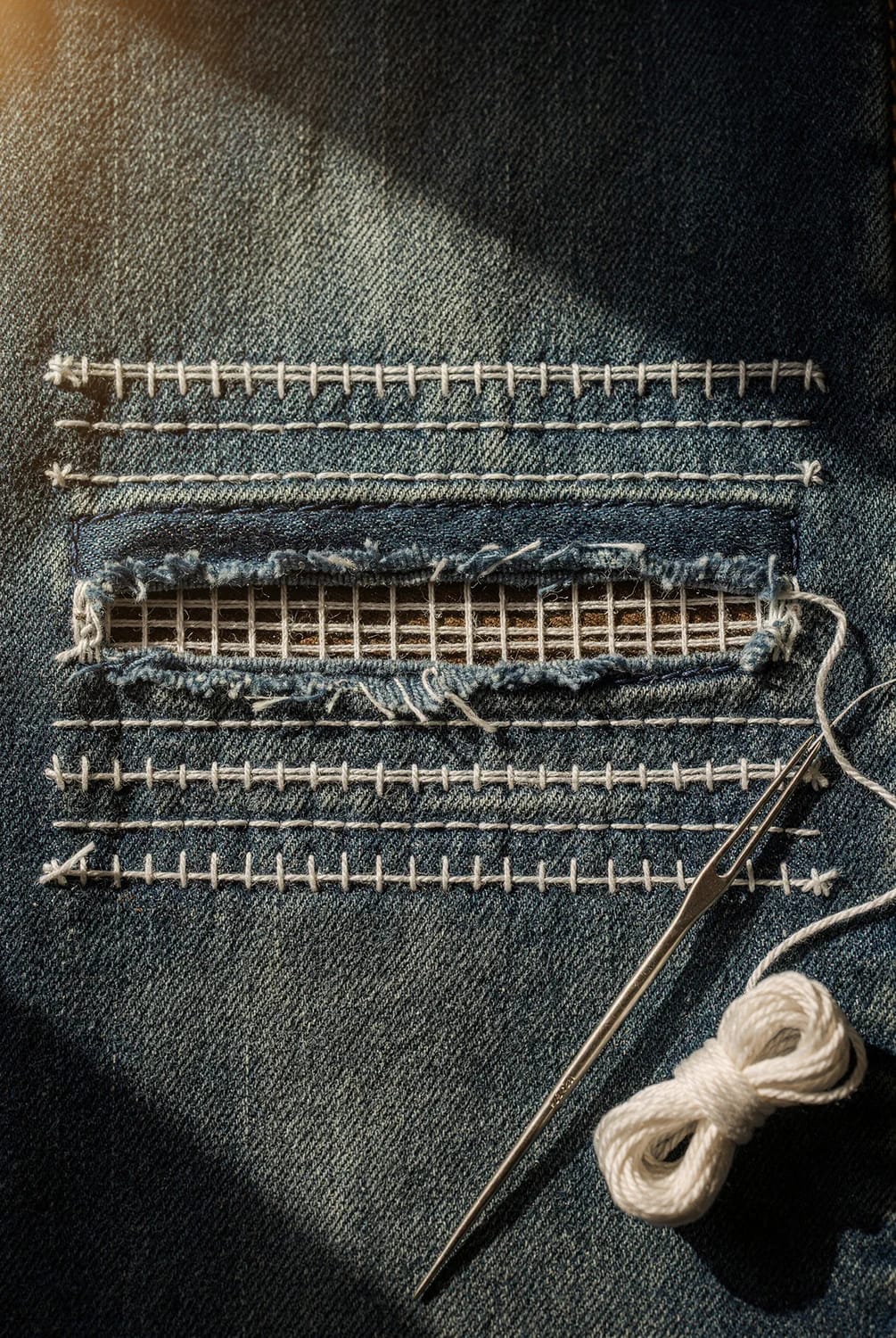 Close-up of dark denim with a rectangular shredded ladder opening secured by visible cream Sashiko stitches, horizontal stitched lines above and below, and a needle with matching thread beside it