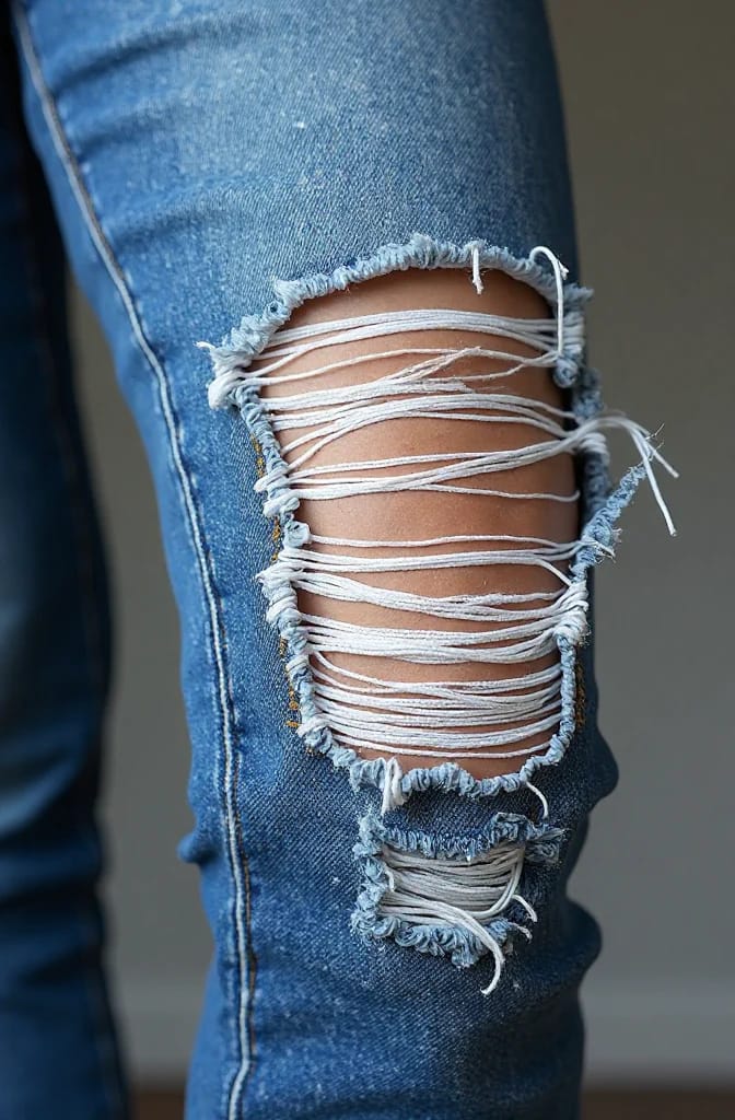 Close-up of blue denim jeans with a large shredded knee opening, exposing skin beneath numerous horizontal white threads and frayed edges, illustrating the tweezer ladder technique for shredded ladder knee jeans