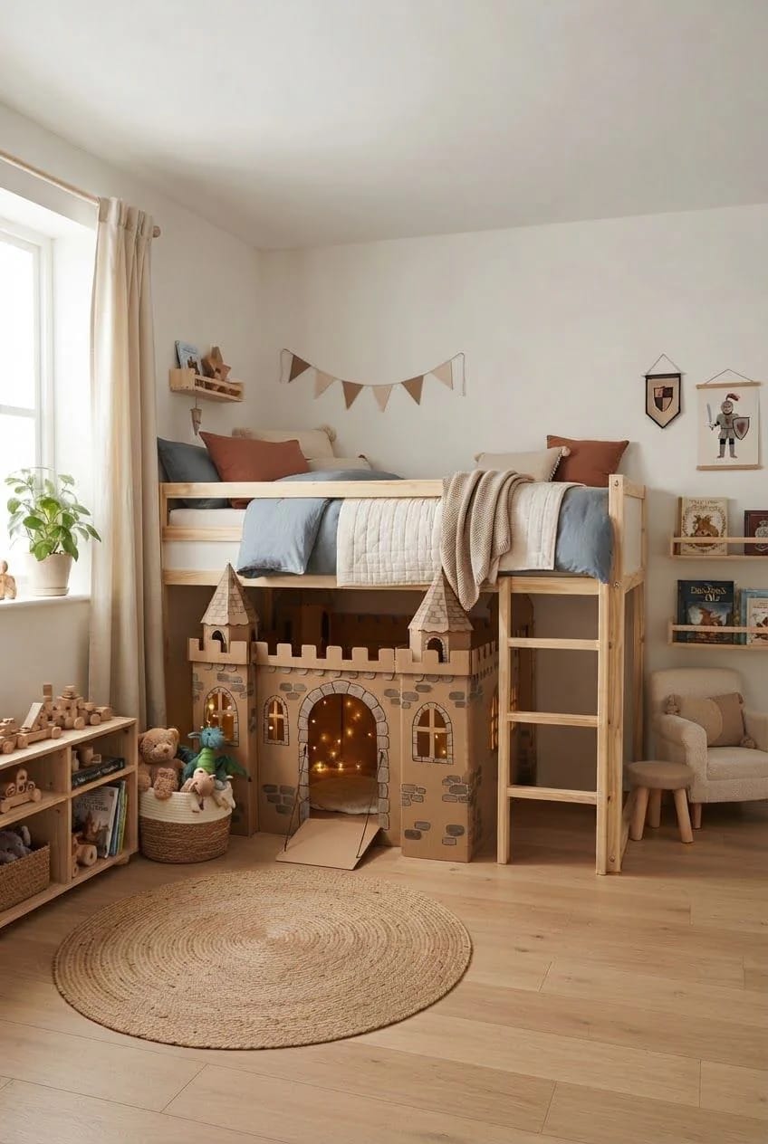 A cardboard castle playhouse with turrets, arched windows, a drawbridge, and warm lights fits beneath a raised bed in a child’s bedroom, creating a space-saving kids’ play area