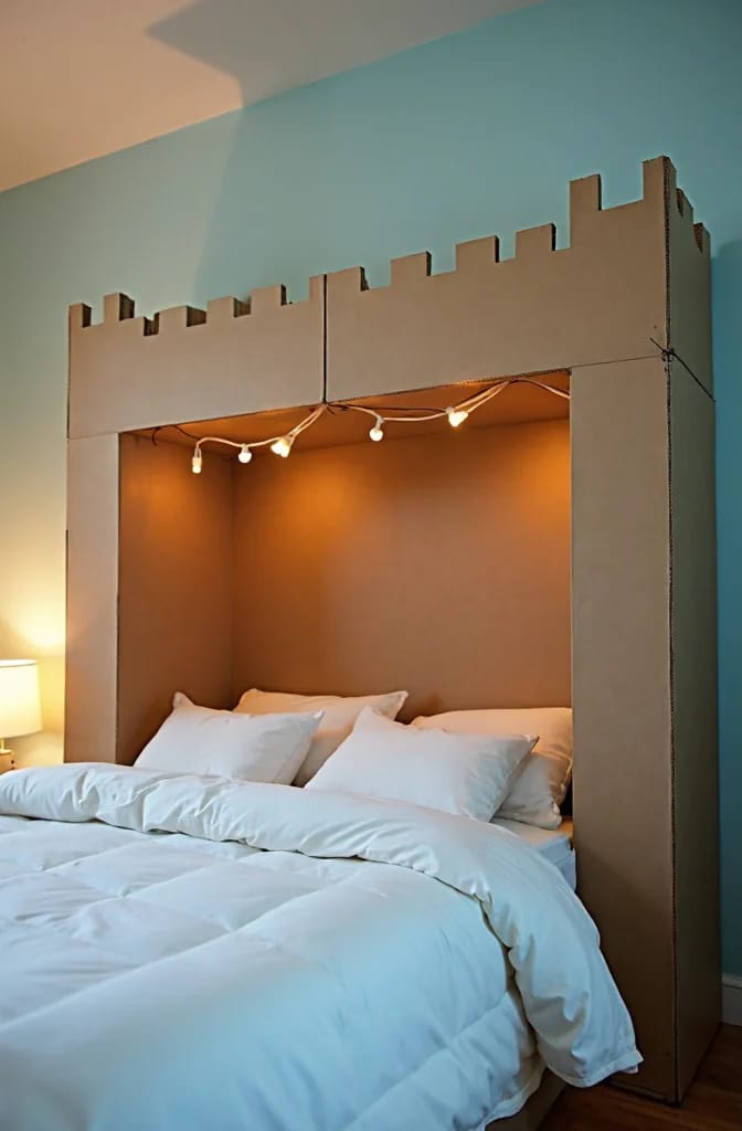 A cardboard castle playhouse built around a bed, with crenellated walls and a string of lights above white bedding in a kids bedroom