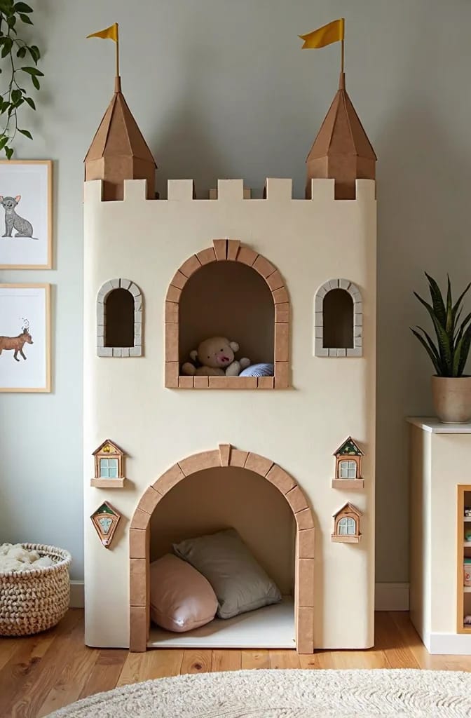 Tall cardboard castle playhouse built against a kids bedroom wall, with two turrets, crenellations, arched openings, a teddy bear nook, and a lower cushioned play space, showing a castle that takes up minimal floor space