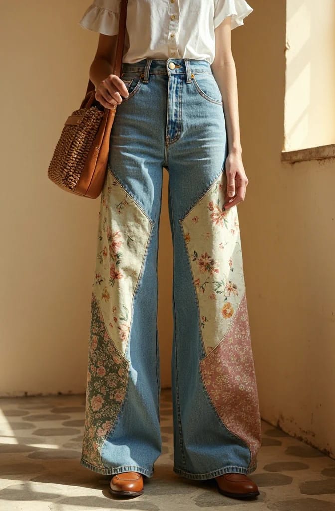 Wide Leg Floral Patchwork Jeans Person wearing wide leg blue jeans with large floral cotton patchwork panels along the outer legs, paired with a white blouse and brown shoes.
