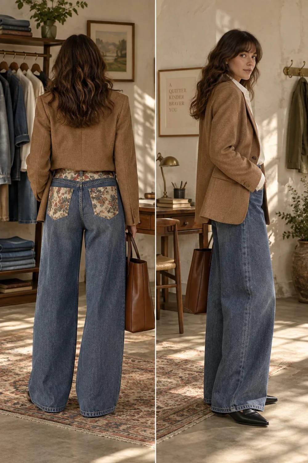 Wide Leg Patchwork Jeans For Work Split-view image showing a woman modeling wide-leg blue patchwork jeans with floral cotton panels on the yoke and back pockets, styled with a tan blazer, white shirt, black pointed shoes, and brown tote bag.