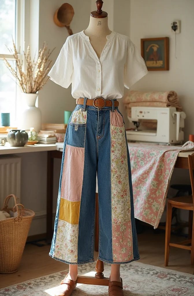 Wide Leg Patchwork Jeans With Floral Cotton Panels Wide-leg blue jeans with floral cotton panels and solid pink and yellow patchwork, displayed on a dress form beneath a white blouse.