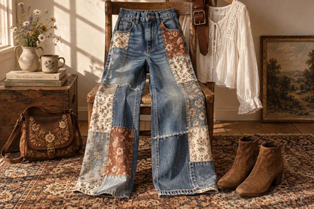 Sustainability Success 9 Wide-leg blue jeans with multiple floral cotton patchwork panels draped over a wooden chair in a warmly lit room