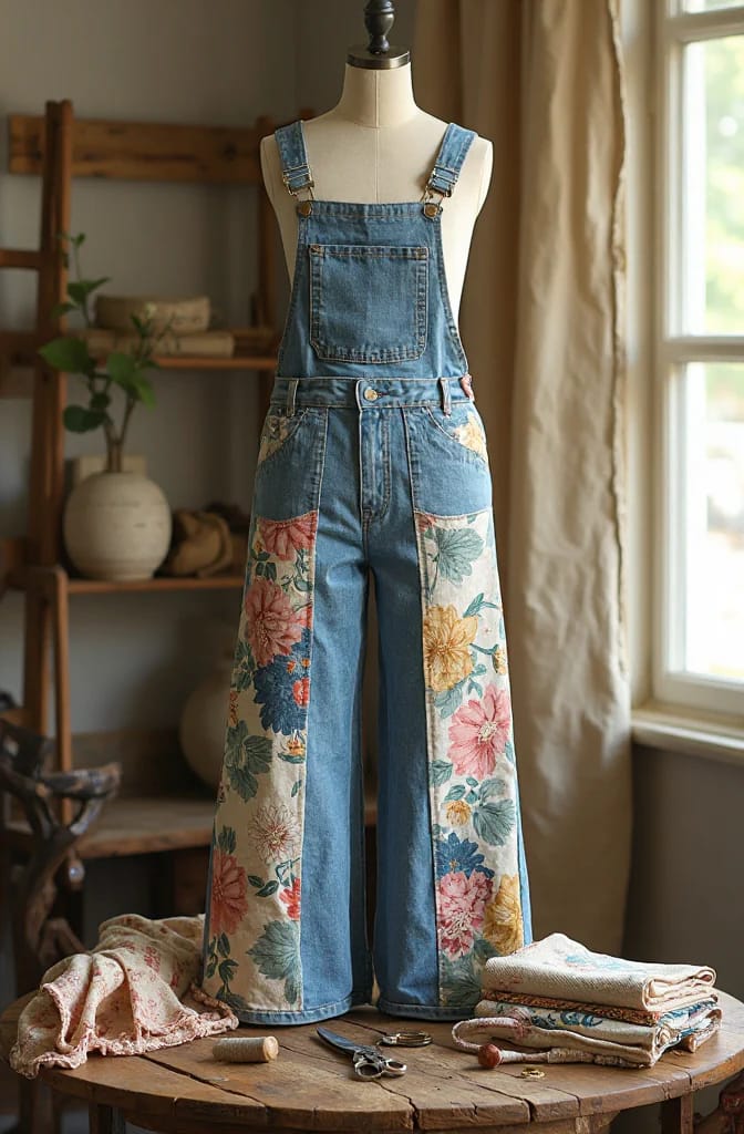 Wide-Leg Patchwork Jeans With Floral Cotton Panels Wide-leg denim overalls displayed on a mannequin, with colorful floral cotton panels sewn along both pant legs for a patchwork jeans design.