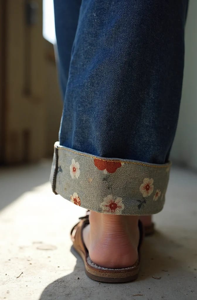 Wide Leg Patchwork Jeans With Floral Cuff Close-up of a rolled dark denim jeans cuff lined with floral cotton fabric, shown above a sandal-clad heel for the wide leg patchwork jeans design