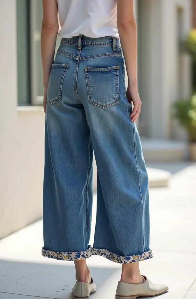 Wide Leg Patchwork Jeans With Floral Cuffs Back view of a person wearing wide-leg blue jeans with floral cotton panels visible along the turned-up cuffs, paired with a white top and beige shoes