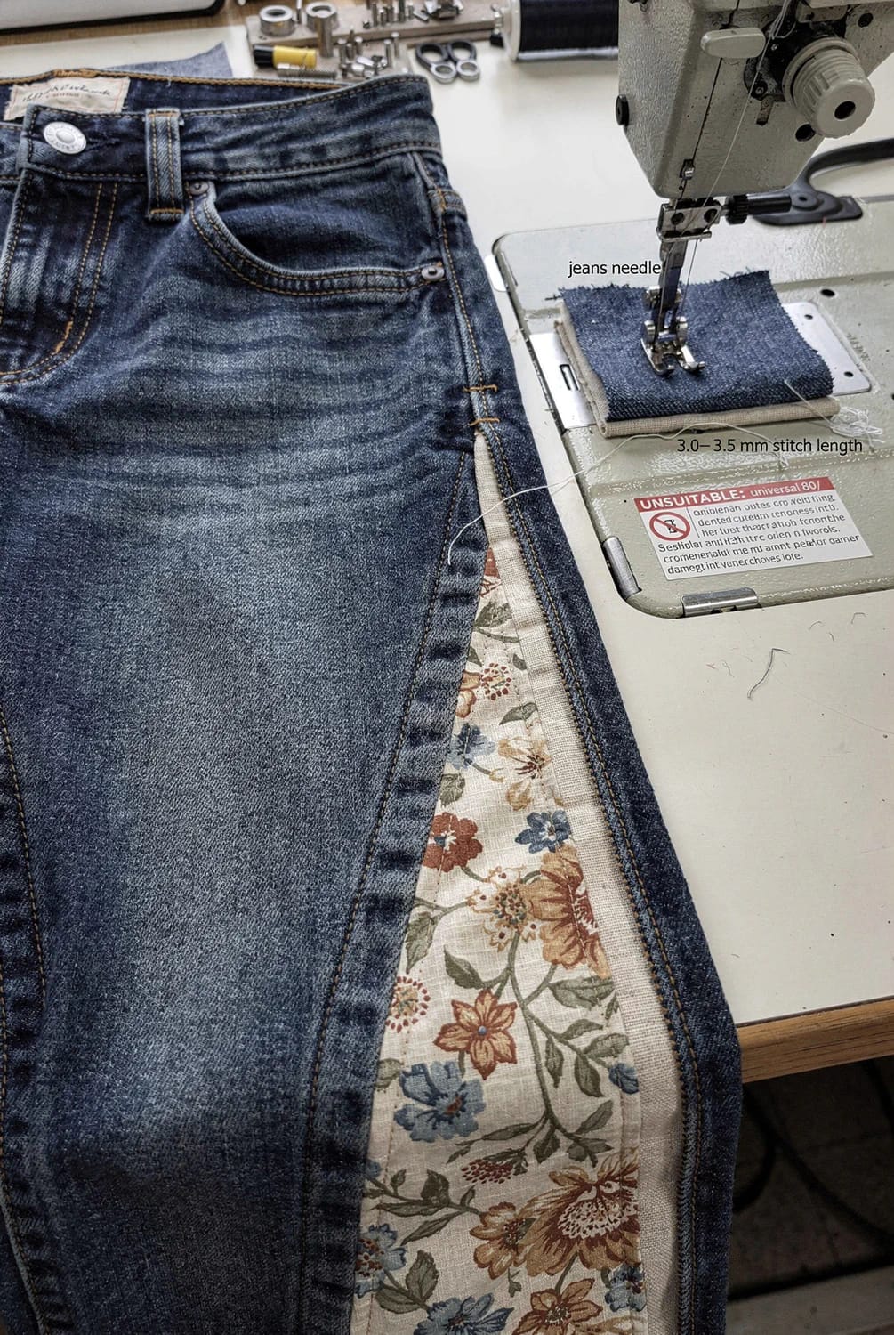 Wide Leg Patchwork Jeans With Floral Panel Close-up of blue jeans with a floral cotton panel inserted along the outer leg beside an industrial sewing machine, illustrating wide leg patchwork jeans construction