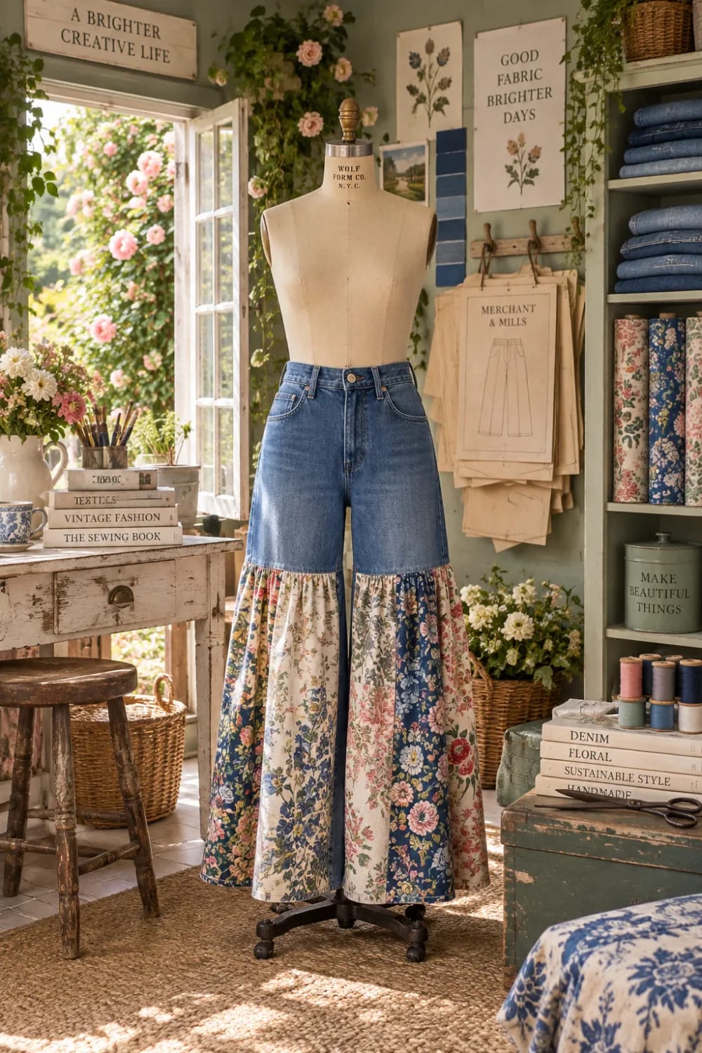 Wide Leg Patchwork Jeans With Floral Panels Mannequin wearing wide-leg jeans with blue denim from the waist to the knees and contrasting floral cotton panels below, displayed in a sewing studio
