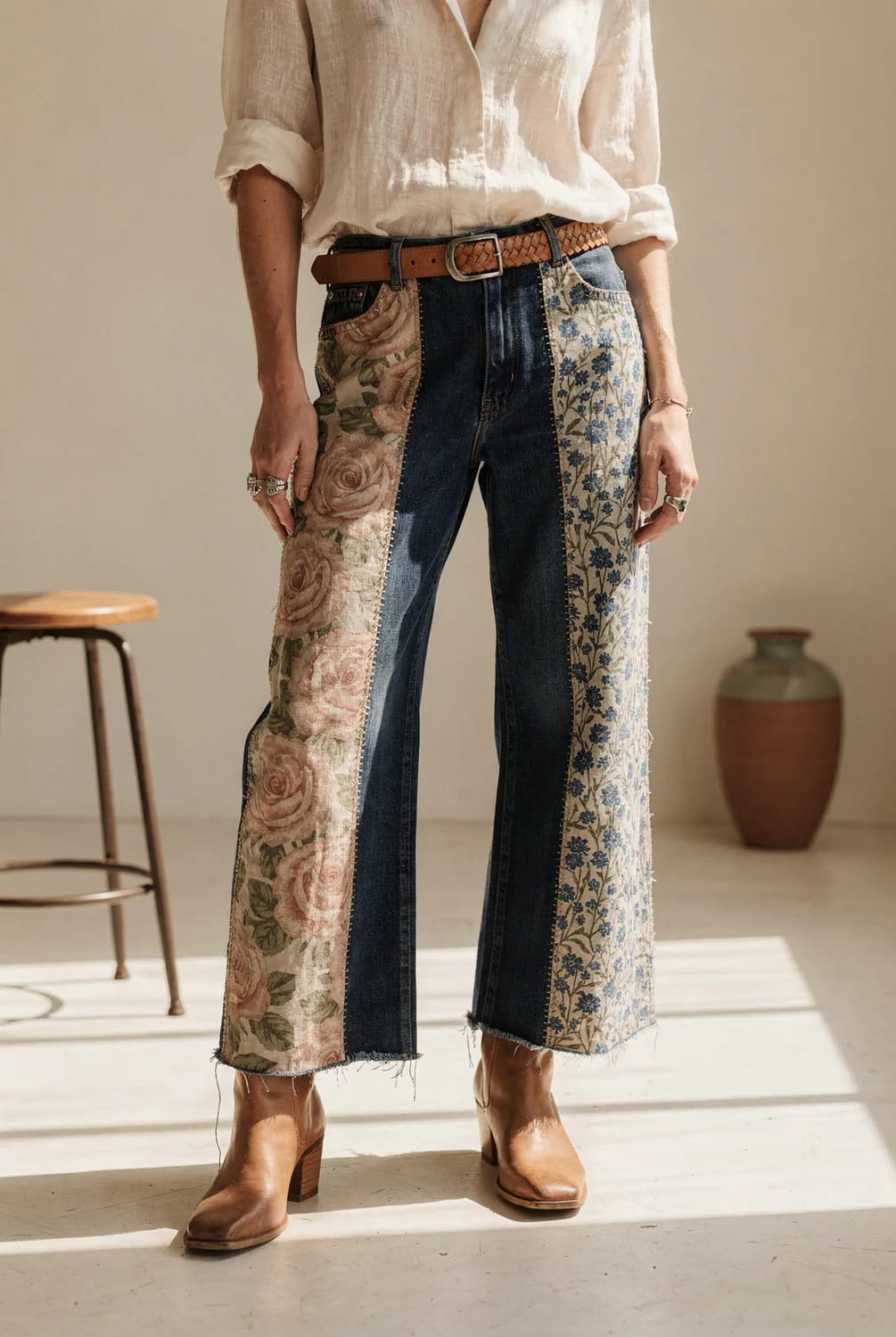 Wide Leg Patchwork Jeans With Floral Panels Person wearing wide-leg dark denim patchwork jeans with large pink rose panels on one side and blue floral cotton panels on the other, paired with a white shirt, woven brown belt, and brown ankle boots