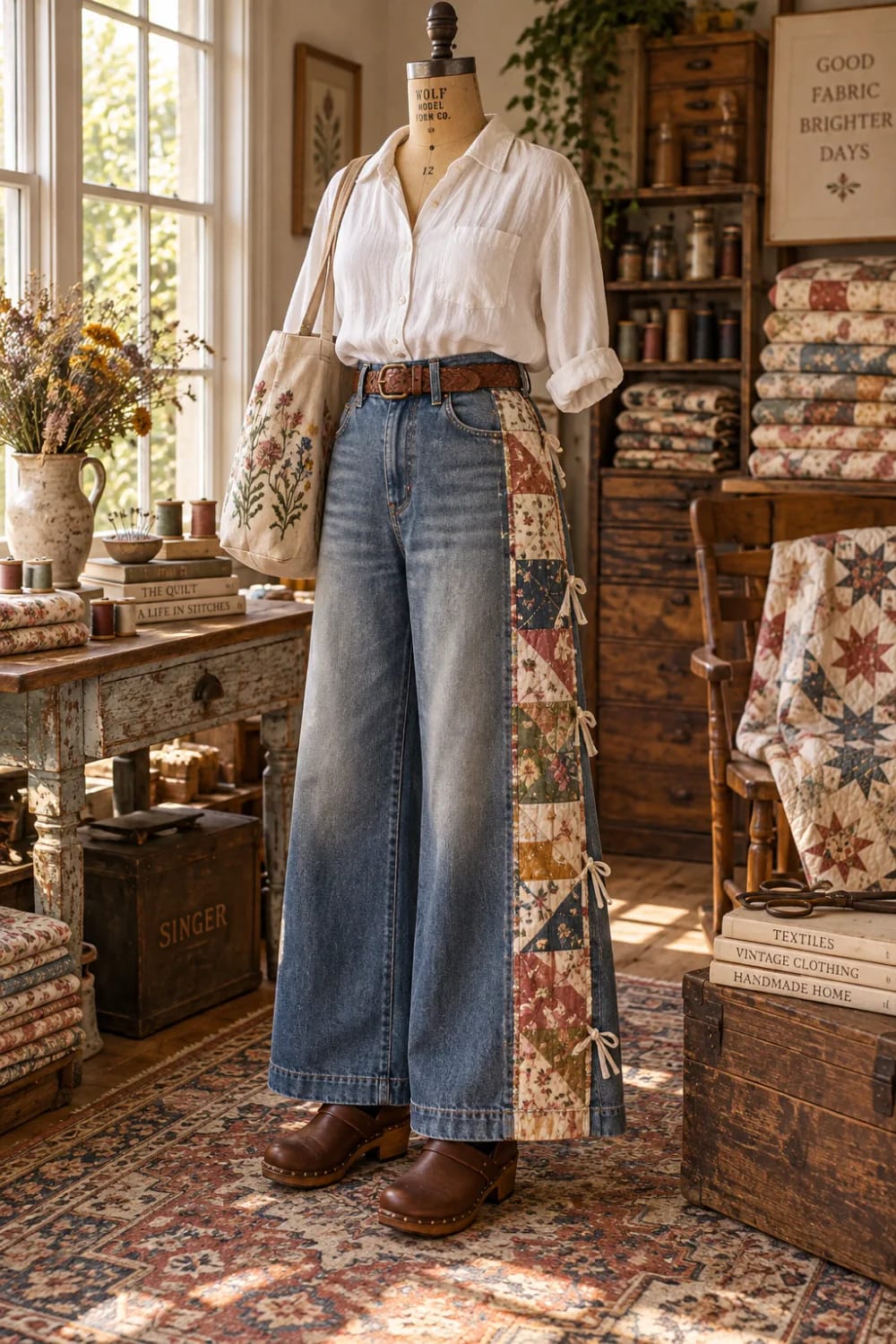 Wide Leg Patchwork Jeans With Floral Panels Dress form wearing wide-leg blue jeans with a long floral patchwork cotton panel running down the outer leg, paired with a white shirt, brown belt, wooden clogs, and a floral fabric tote in a sewing room