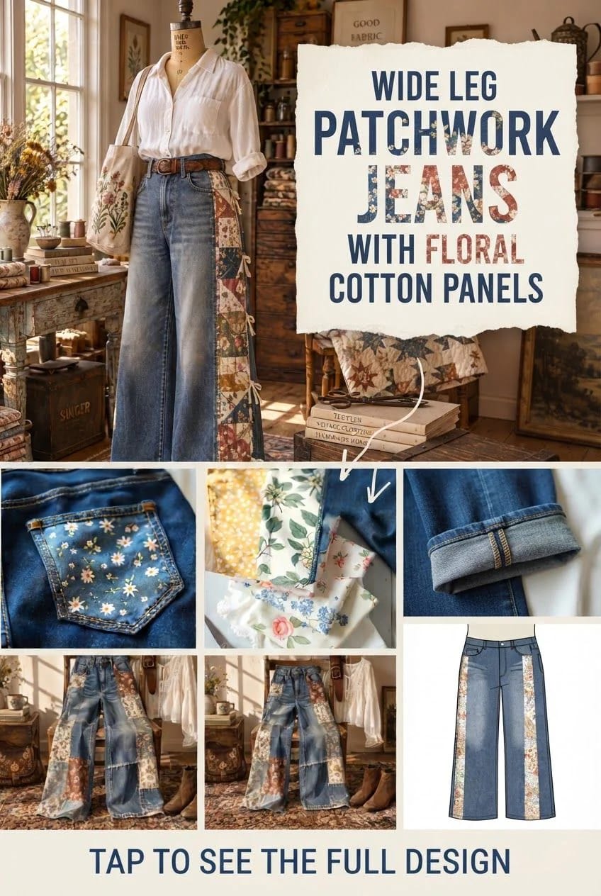 Wide Leg Patchwork Jeans With Floral Panels Collage showing wide-leg blue jeans with floral cotton patchwork panels, a floral pocket detail, fabric pieces, cuffed denim, full-length views, and a simple garment design sketch