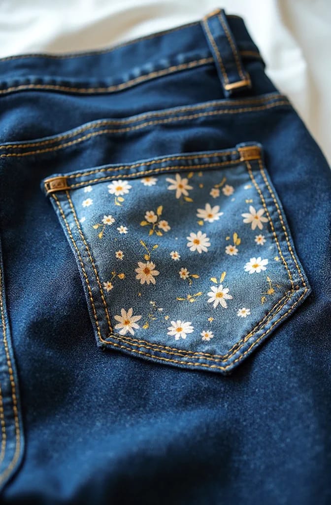 Wide Leg Patchwork Jeans With Floral Pocket Close-up of dark blue wide-leg patchwork jeans showing a back pocket with a floral cotton panel and yellow stitching